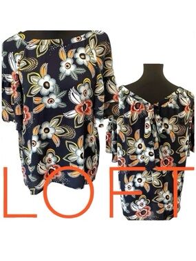 LOFT Navy Multi-Colour Floral Ruffle Sleeve Tie Back Scoop Neck Top (M)